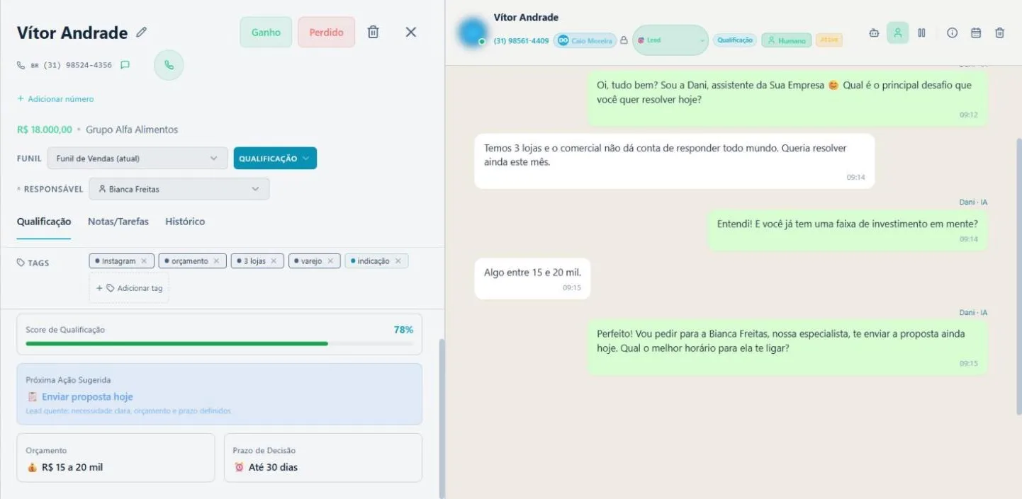 Tela da Irin: WhatsApp no card do cliente
