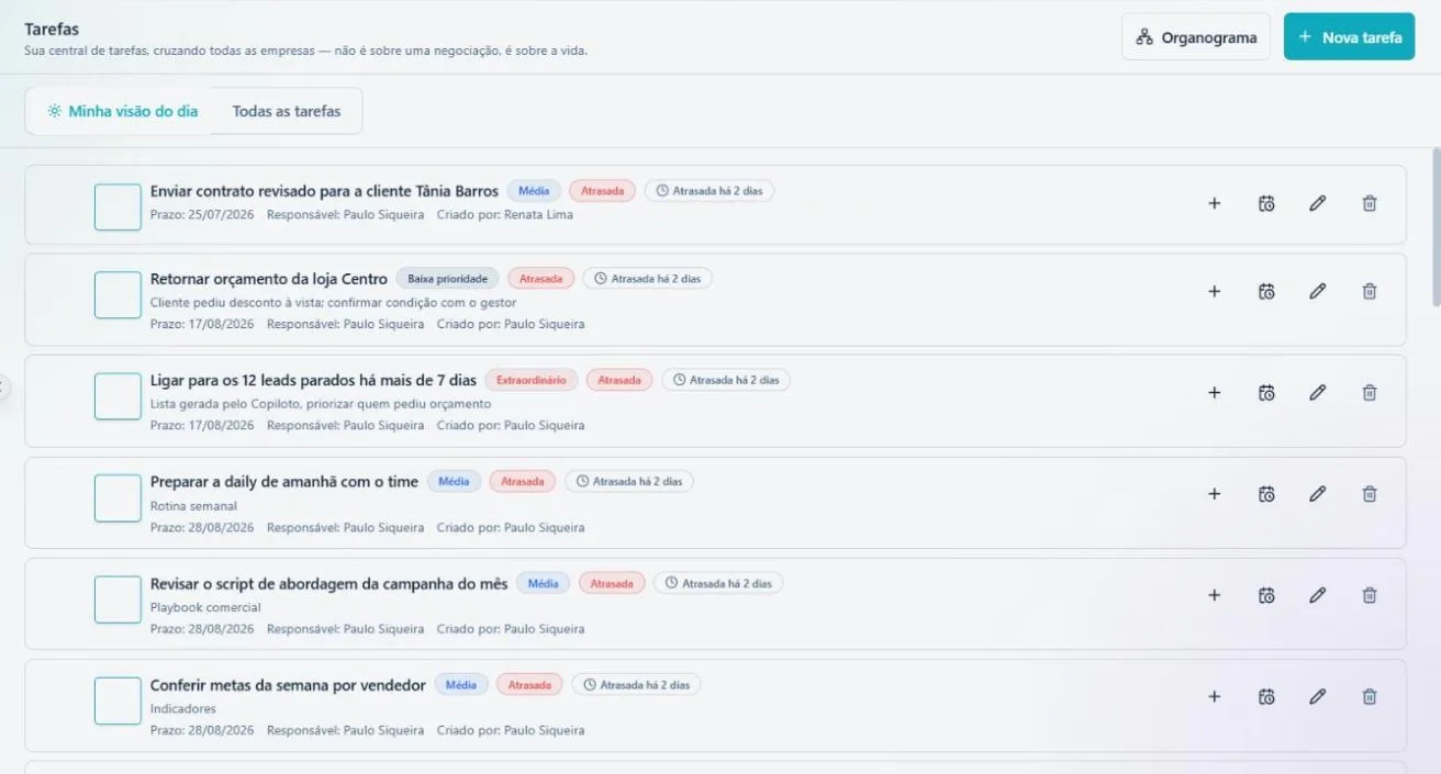 Tela da Irin: Tarefas e follow-up