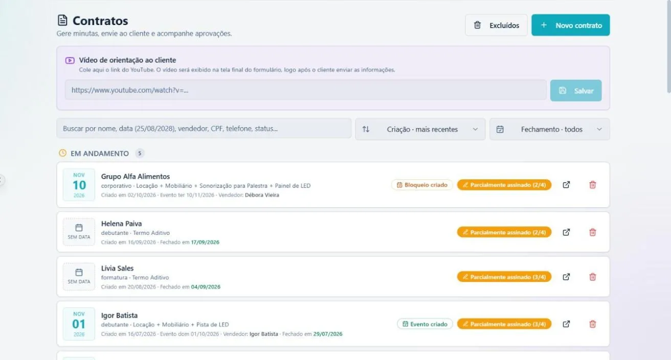 Tela da Irin: Contrato automático