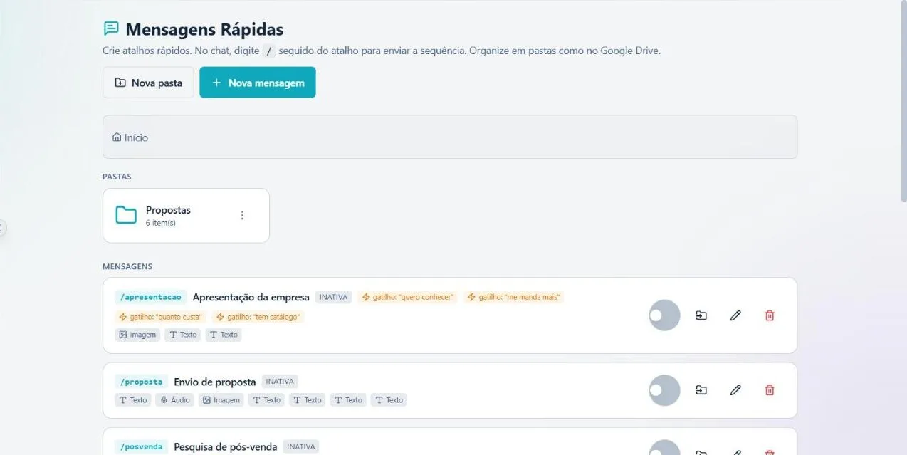 Tela da Irin: Mensagens rápidas